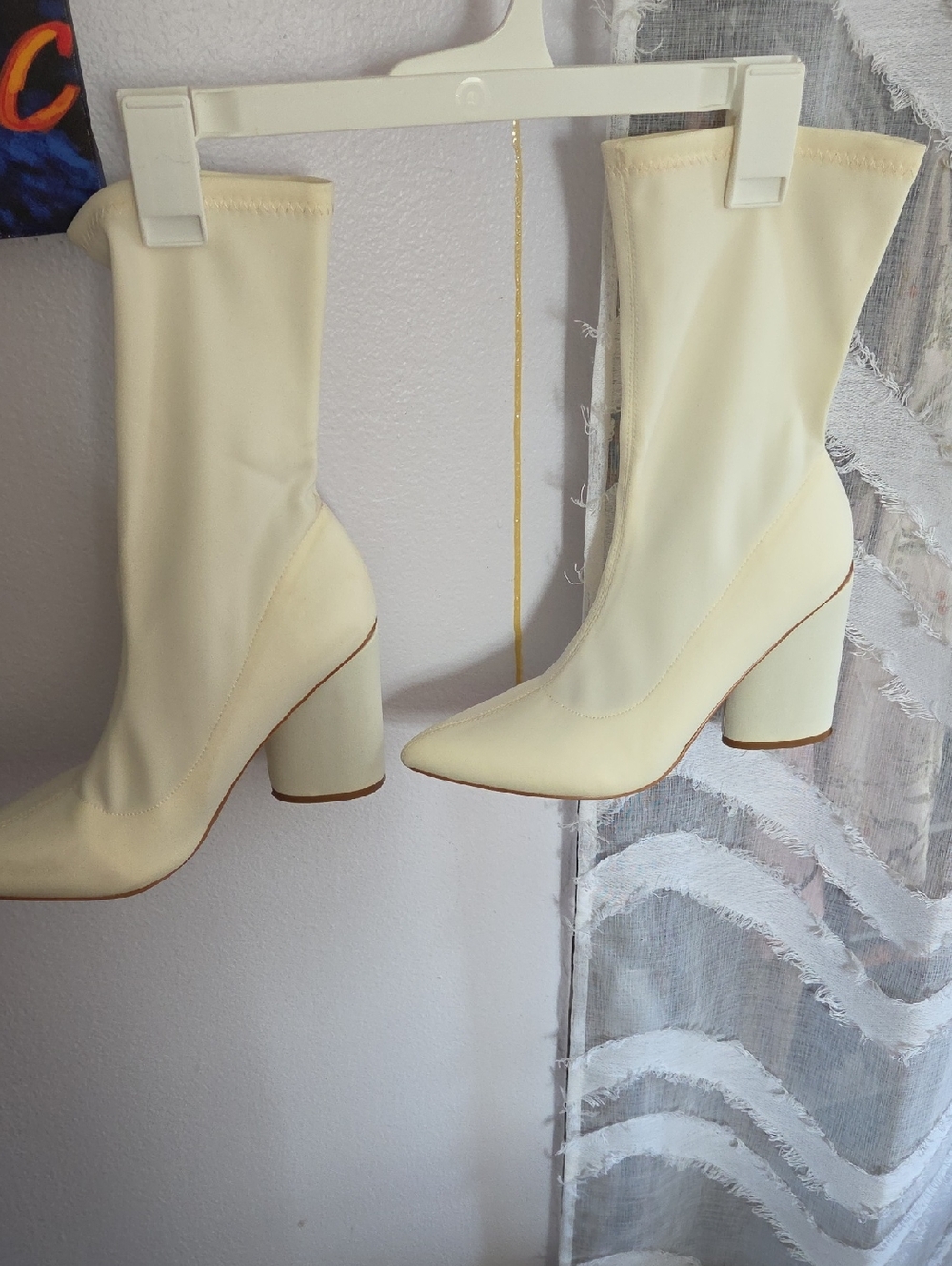 Cream Pointed-Toe Mid-Calf Block Heel Boots